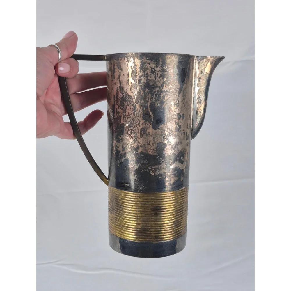 Towle Laslo Silverplate Cocktail Pitcher Brass MCM Barware Strainer Vintage